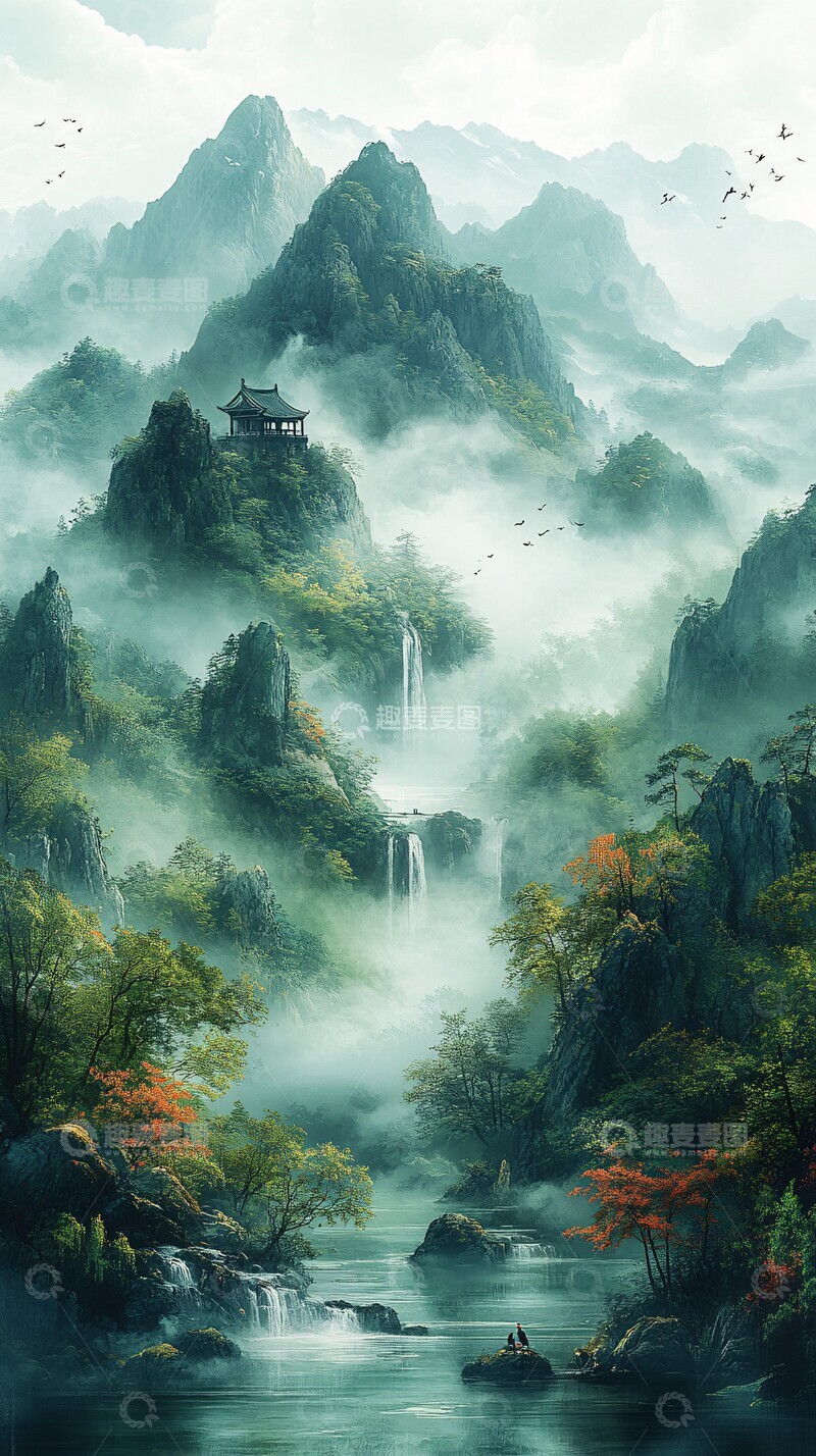 高清大图下载【趣麦麦图】山水云水画山水云水绿色2