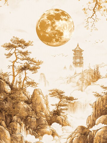 中秋月景图中秋月亮金线