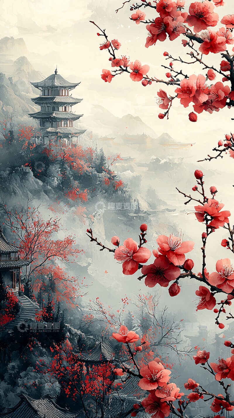 高清大图下载【趣麦麦图】红白梅花墨韵图