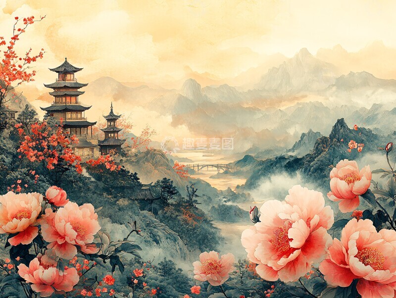 高清大图下载【趣麦麦图】山水牡丹亭阁图1