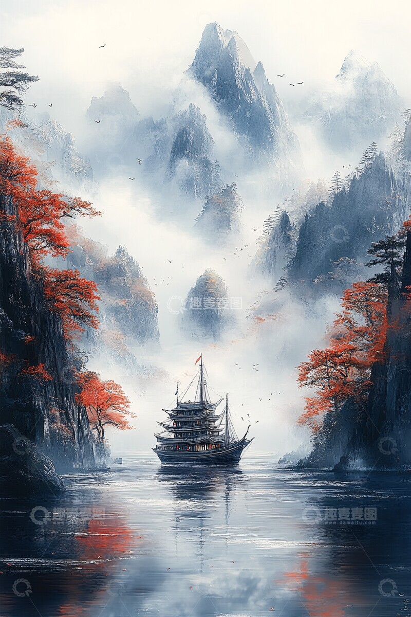 高清大图下载【趣麦麦图】山水海雾图山水背景绘画