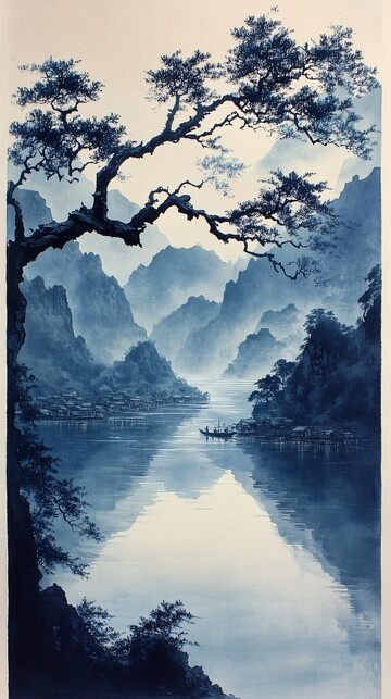 孤舟映云山墨影3