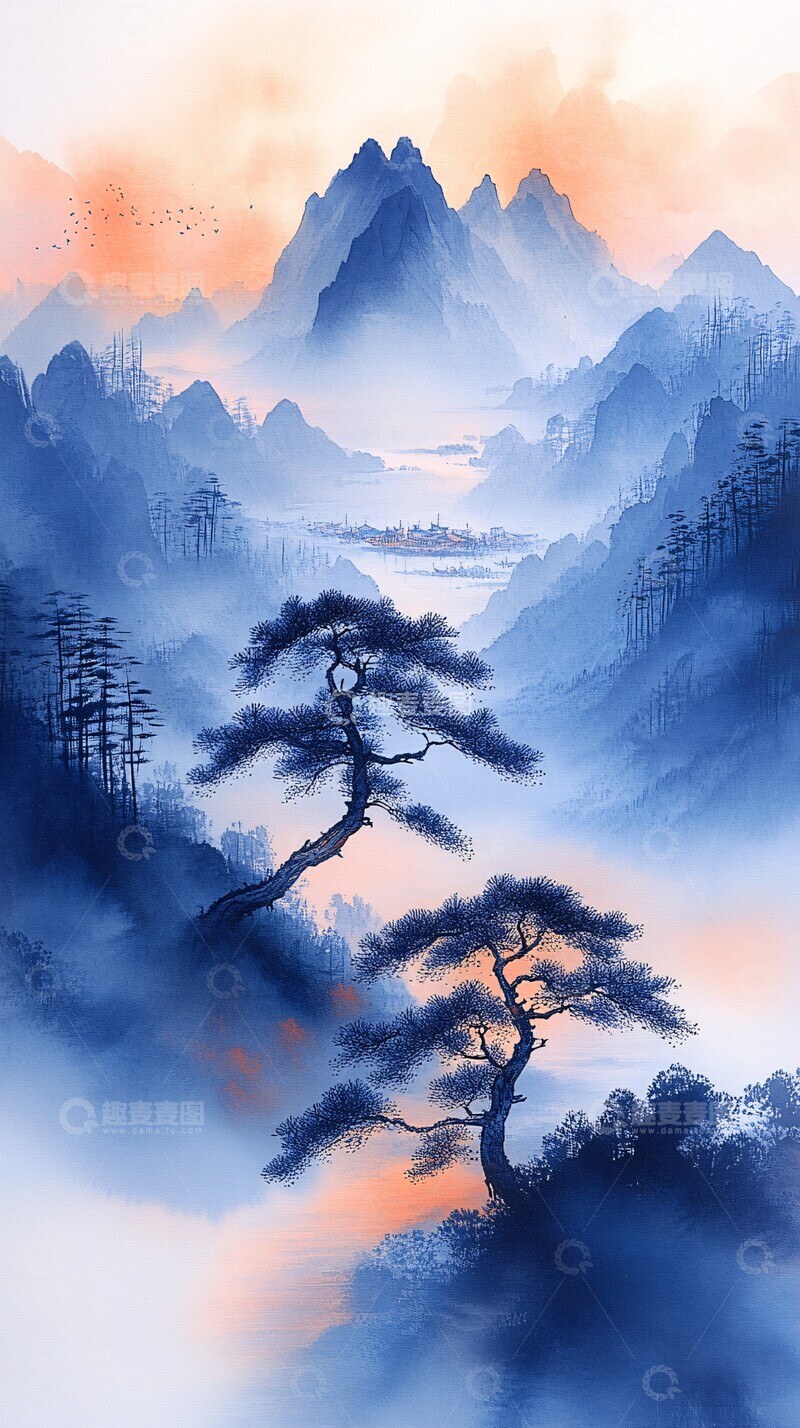 高清大图下载【趣麦麦图】-孤舟映云山墨影1