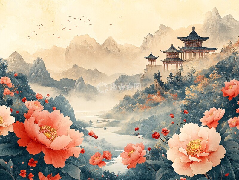 高清大图下载【趣麦麦图】山水牡丹亭阁图2