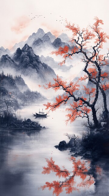 孤舟映云山墨影