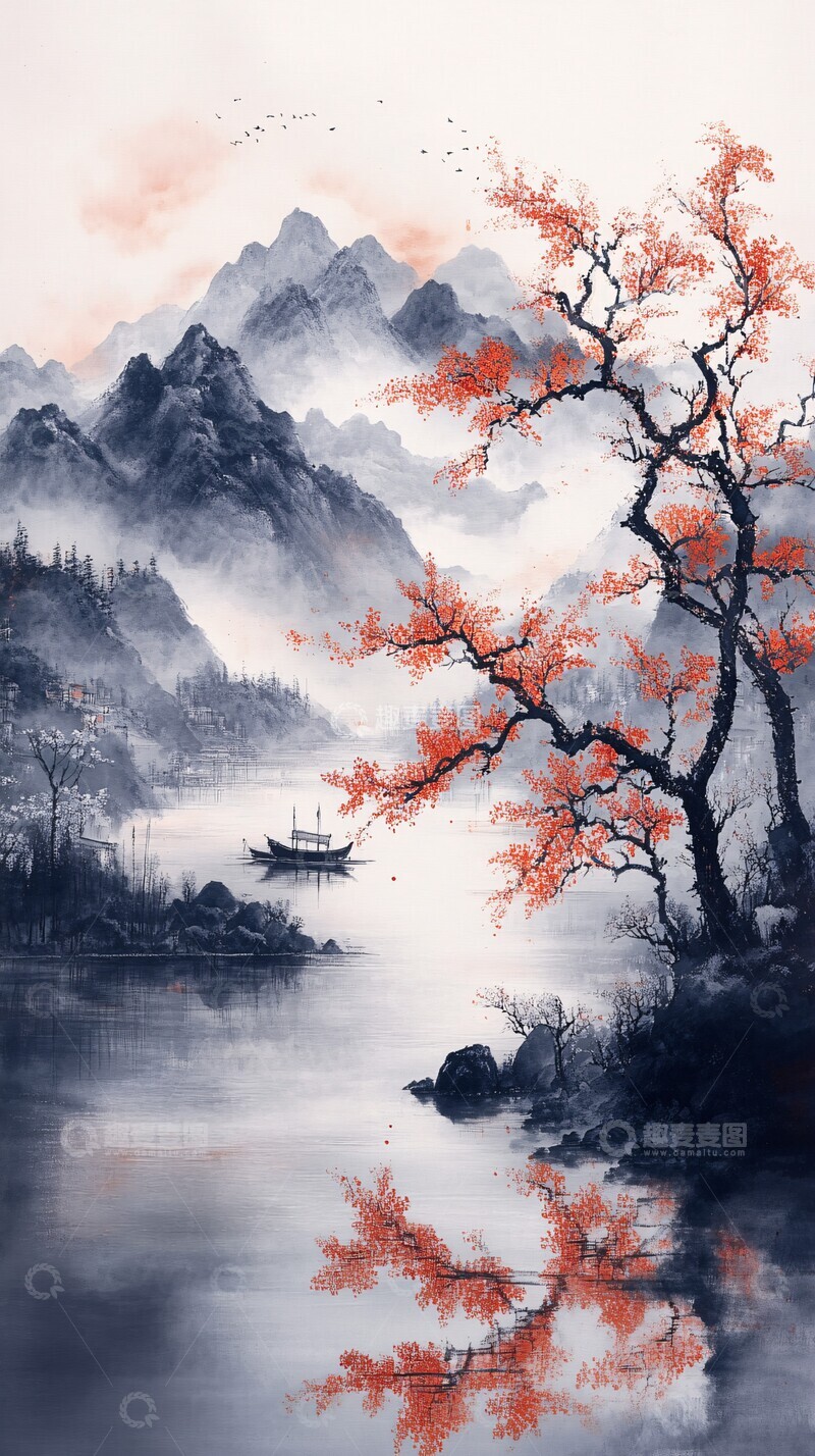 高清大图下载【趣麦麦图】-孤舟映云山墨影