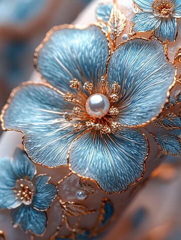 蓝金花卉指甲艺术3