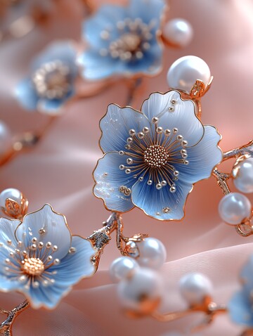 蓝金花卉指甲艺术1