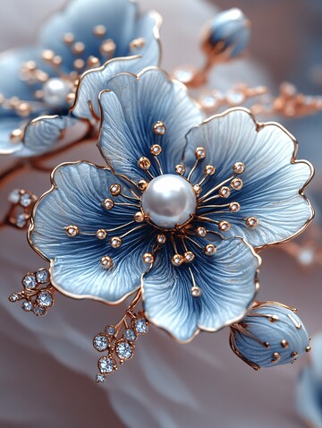 蓝金花卉指甲艺术