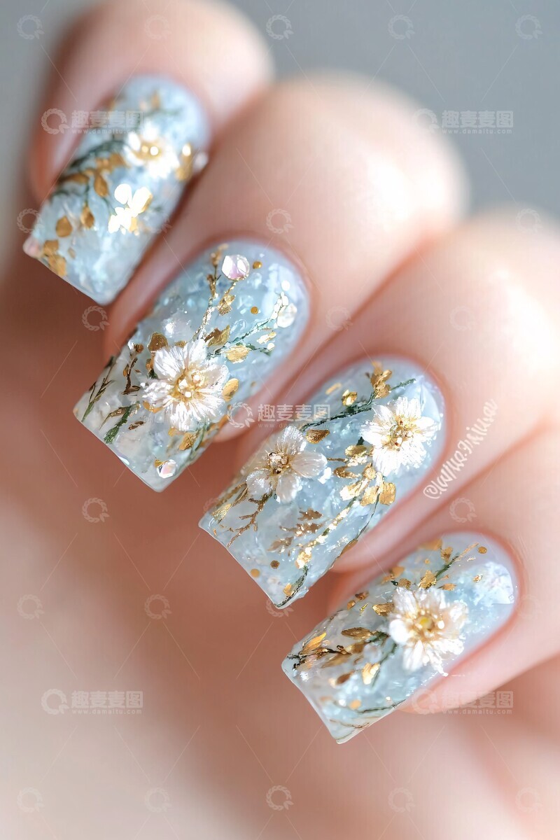 高清大图下载【趣麦麦图】海蓝宝石花朵美甲2