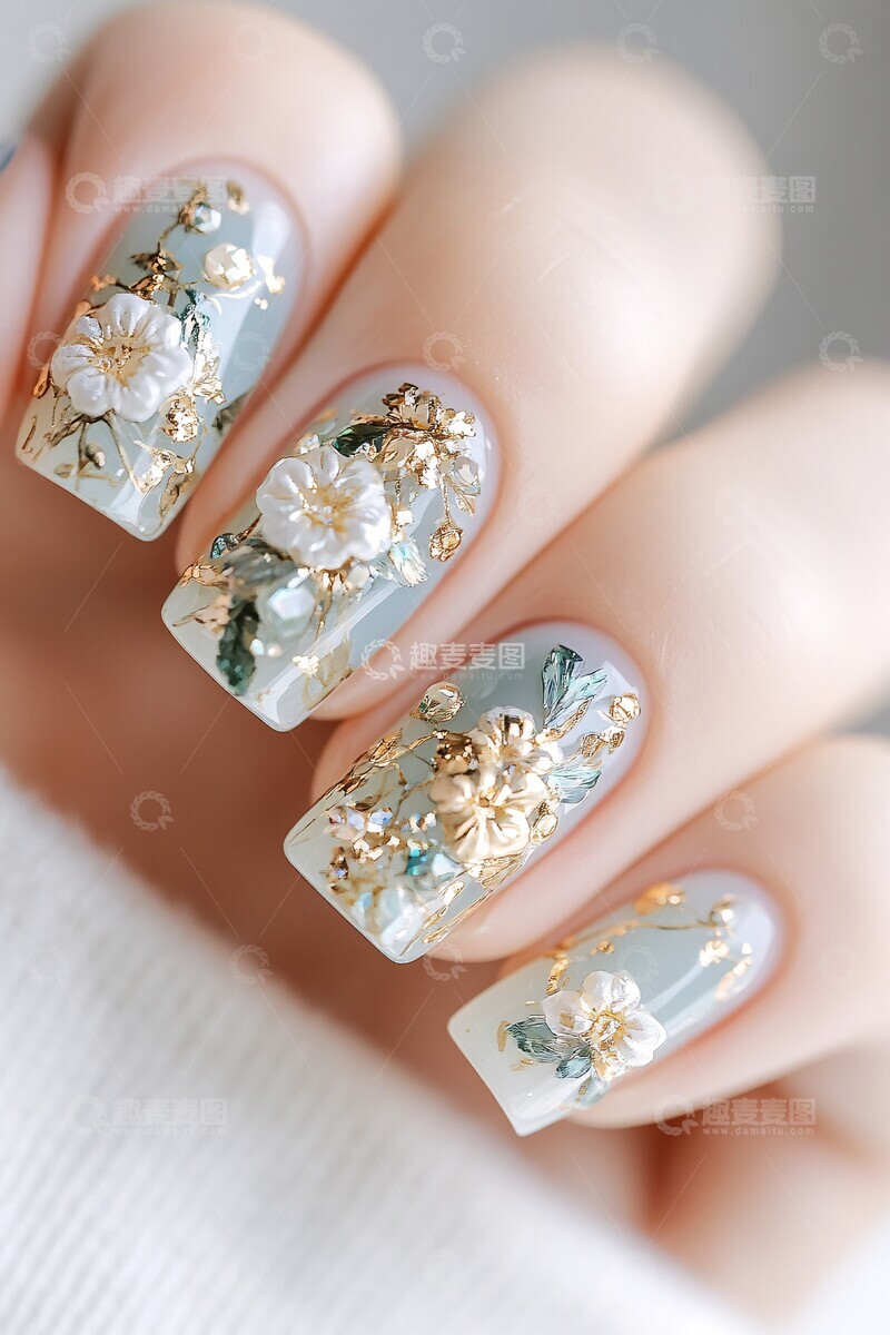 高清大图下载【趣麦麦图】海蓝宝石花朵美甲1