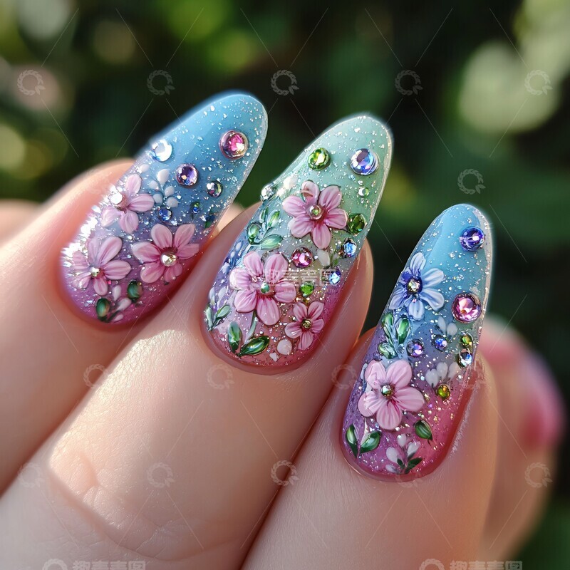 梦幻花海渐变美甲