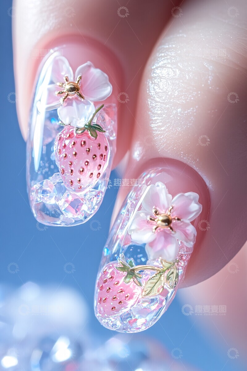 高清大图下载【趣麦麦图】草莓樱花指甲艺术
