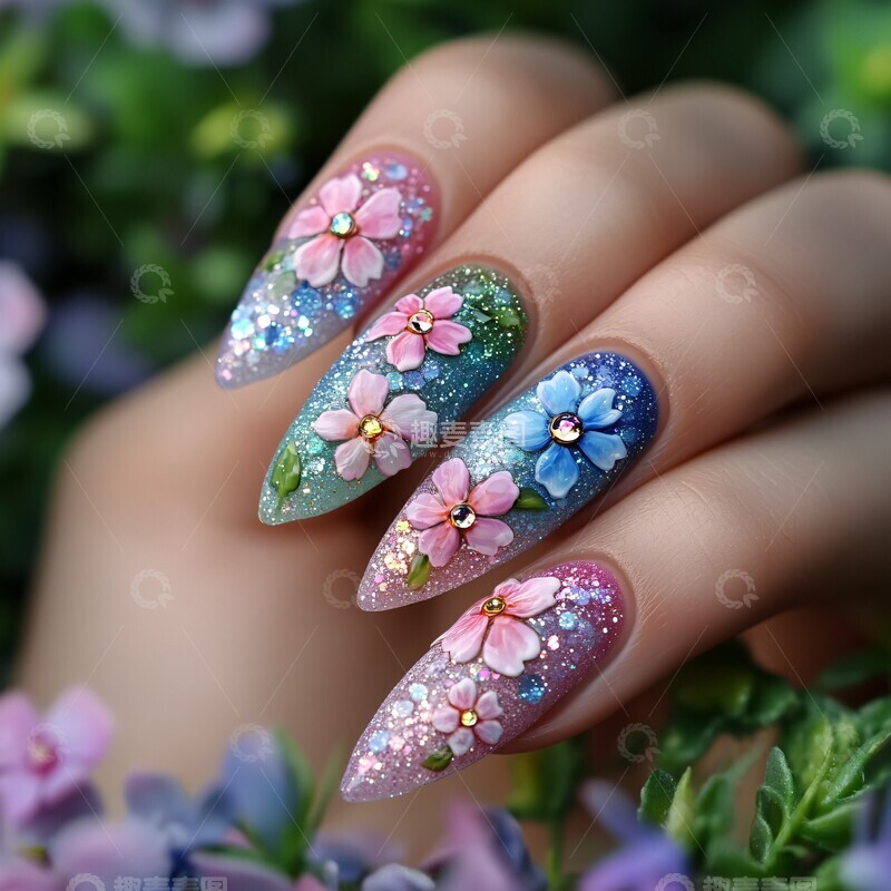 梦幻花海渐变美甲2