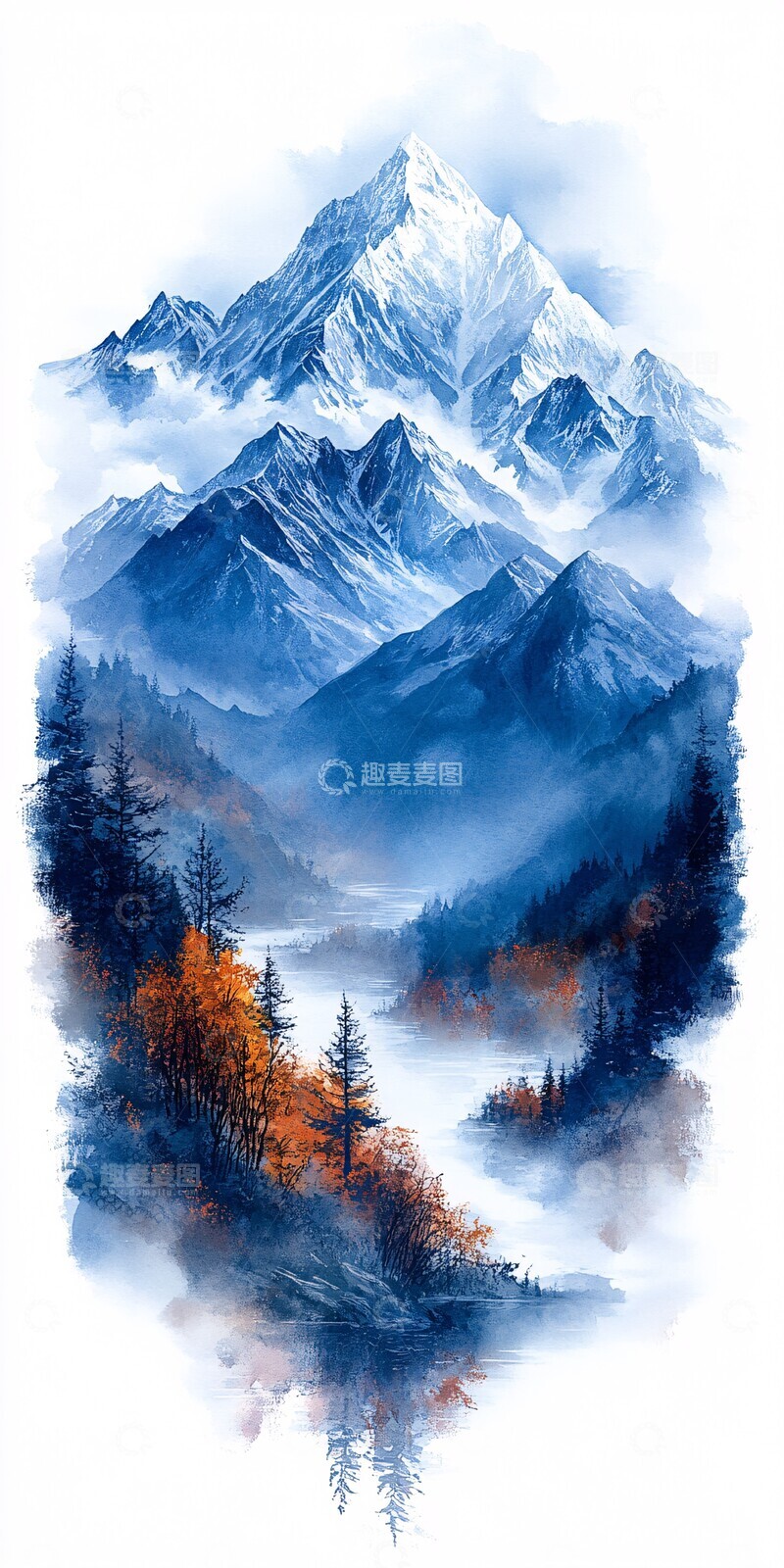高清大图下载【趣麦麦图】雪顶山脉水彩画3