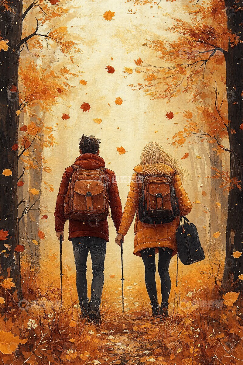 高清大图下载【趣麦麦图】秋日森林徒步情侣