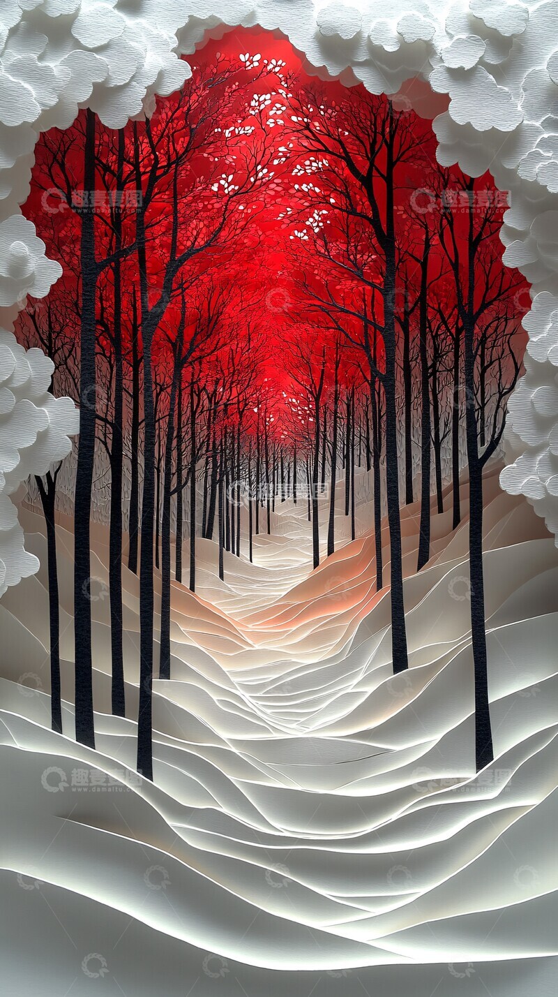 高清大图下载【趣麦麦图】红绿剪纸雪林1