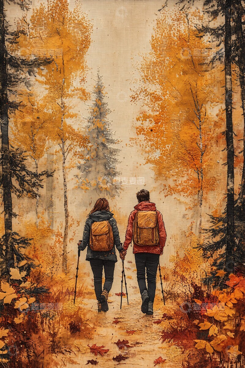 高清大图下载【趣麦麦图】秋日森林徒步情侣1