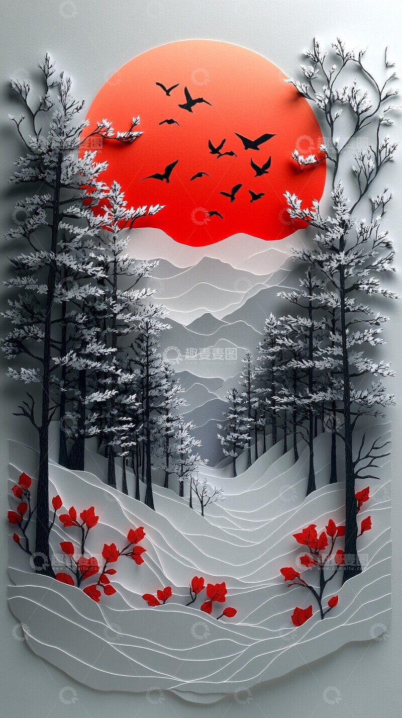 高清大图下载【趣麦麦图】红绿剪纸雪林