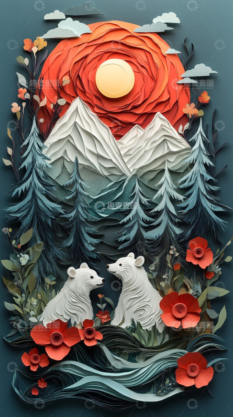 高清大图下载【趣麦麦图】两小熊林间山脉黎明2