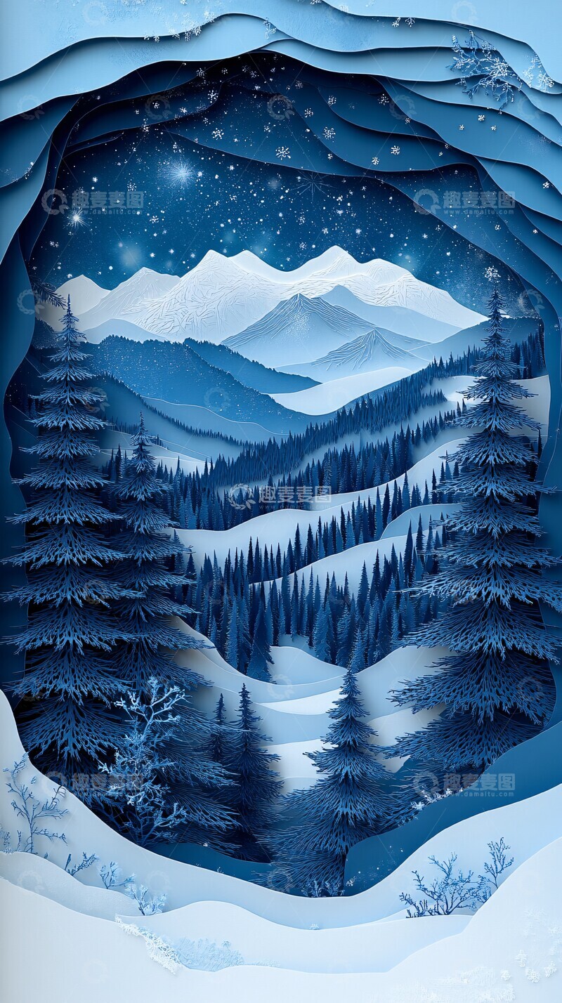 高清大图下载【趣麦麦图】冬夜雪景纸雕图3