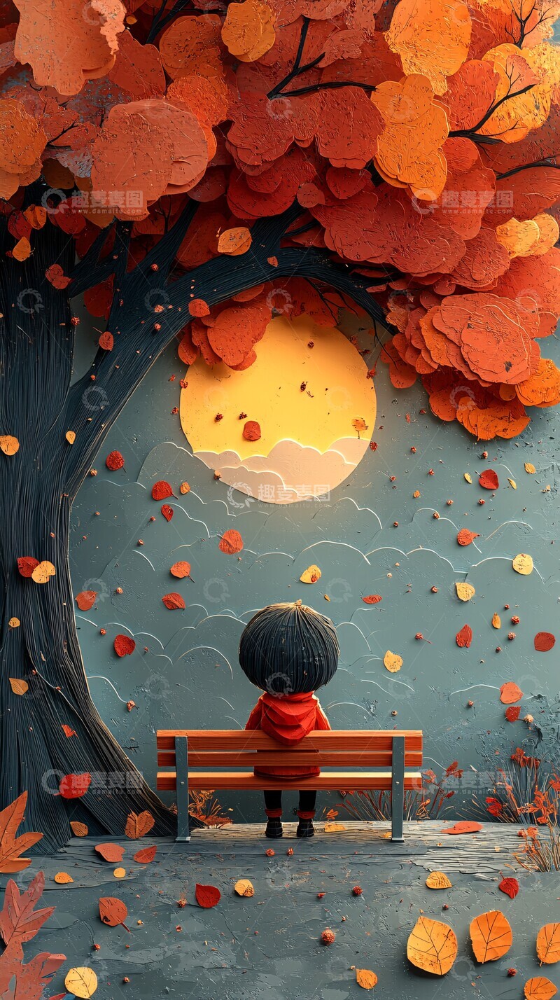 高清大图下载【趣麦麦图】孩童落叶思考1
