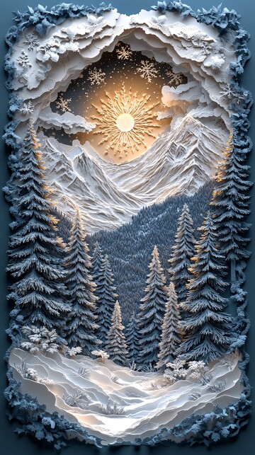冬夜雪景纸雕图