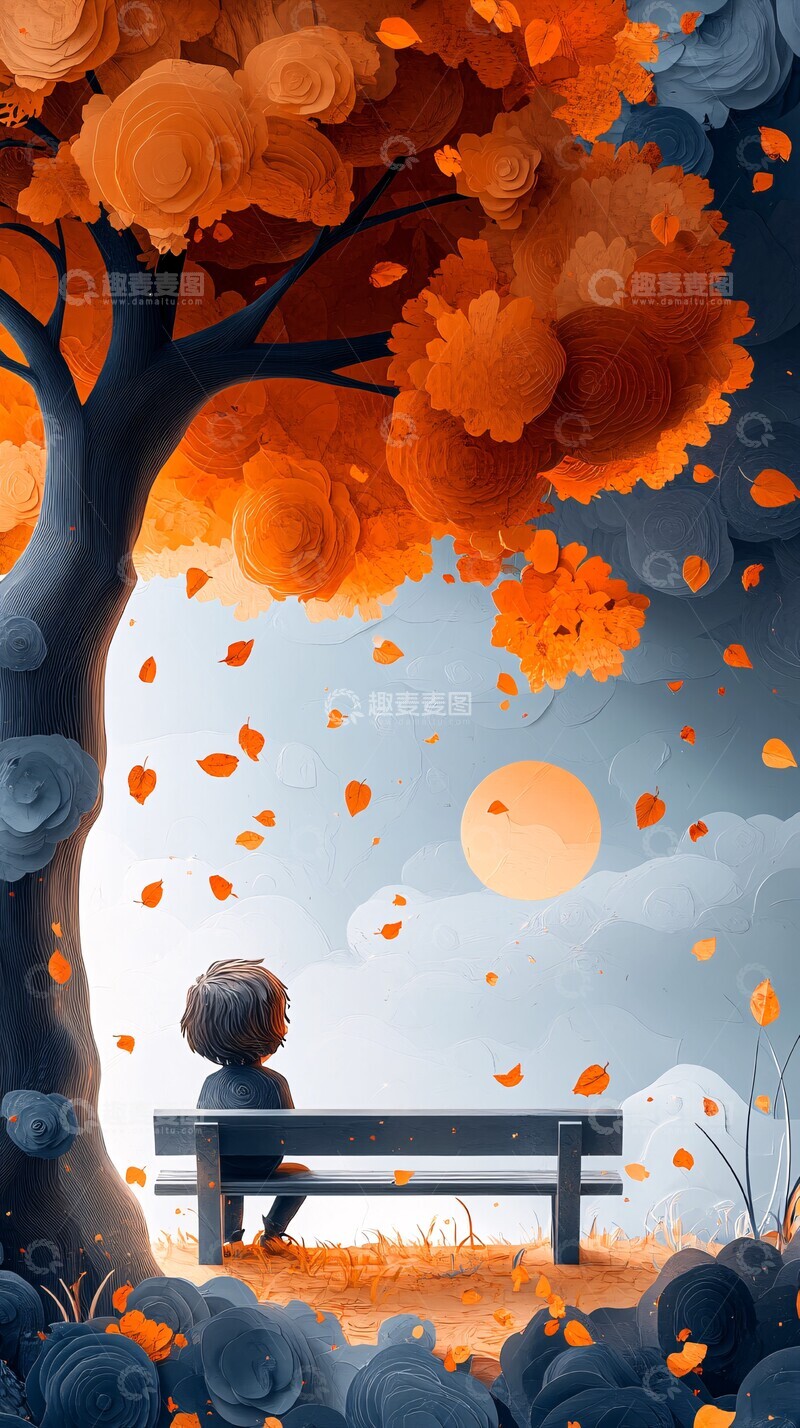 高清大图下载【趣麦麦图】孩童落叶思考