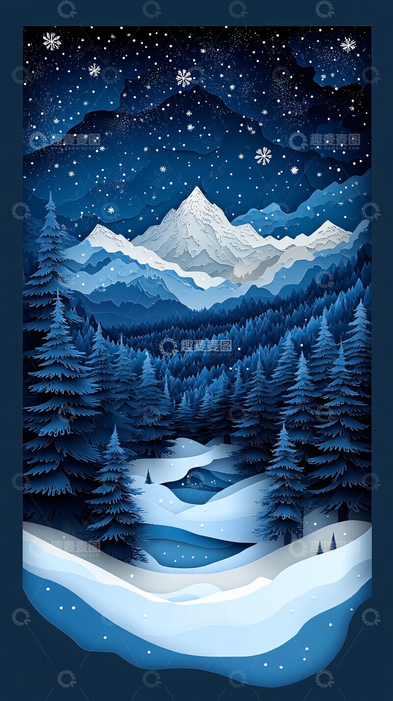 高清大图下载【趣麦麦图】冬夜雪景纸雕图1