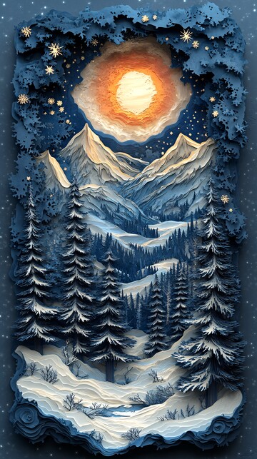 冬夜雪景纸雕图2