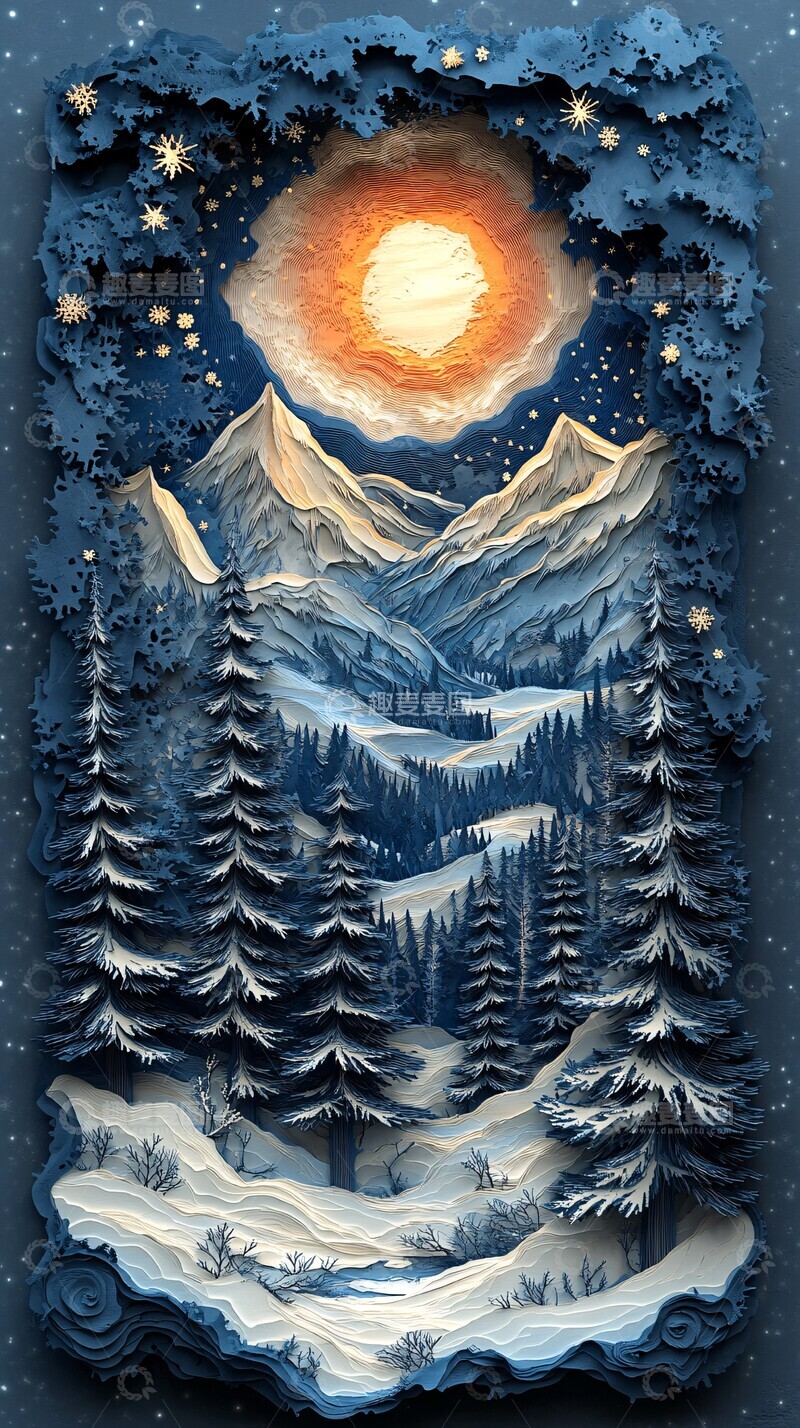 高清大图下载【趣麦麦图】冬夜雪景纸雕图2