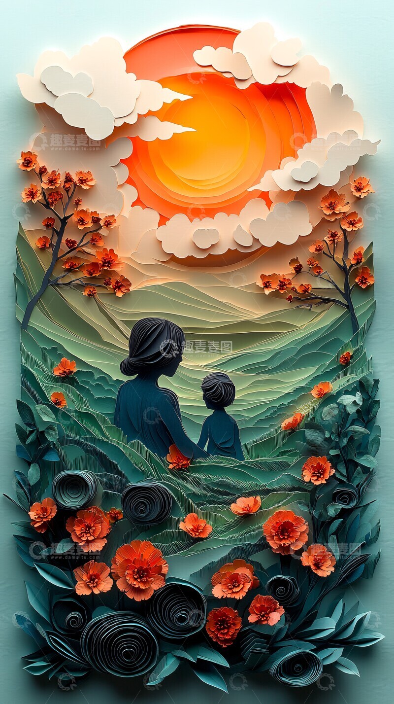 高清大图下载【趣麦麦图】夕阳下的亲子时光1