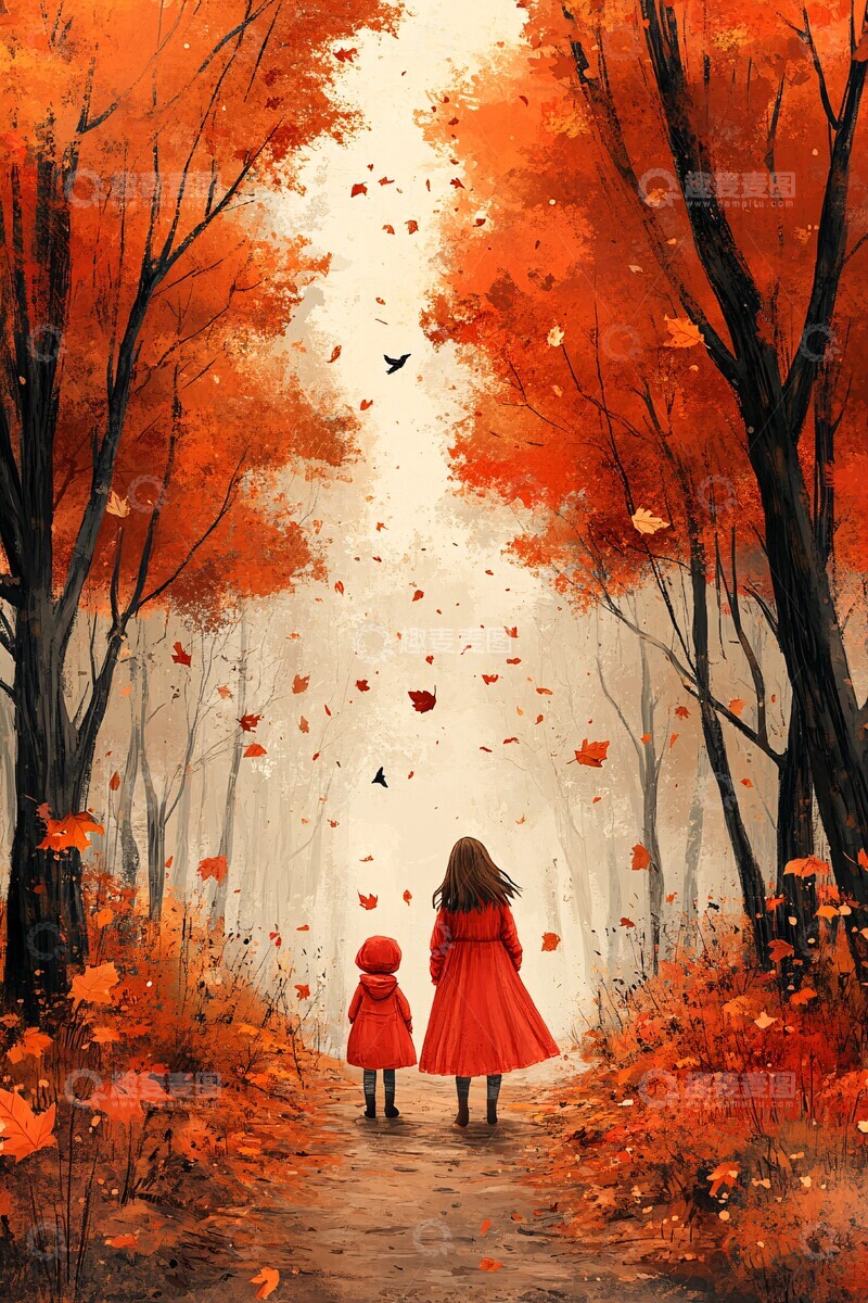 高清大图下载【趣麦麦图】森林小径母女行2