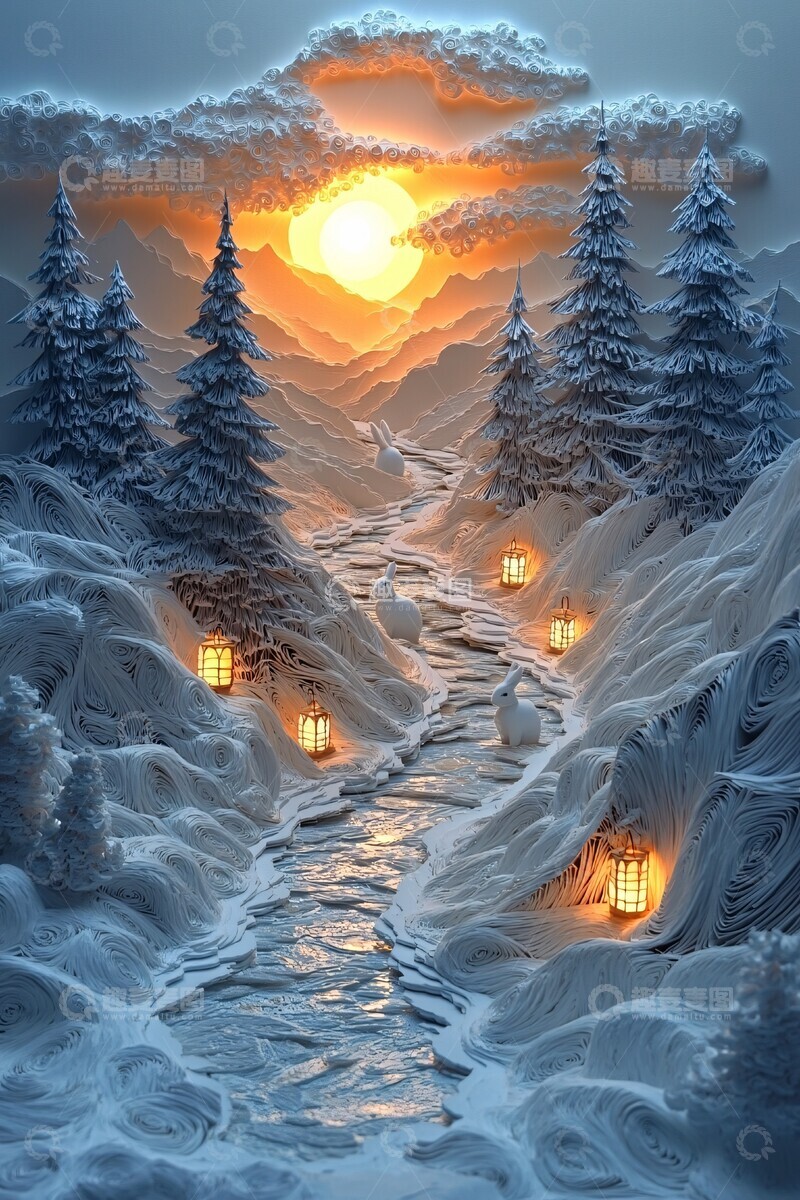 高清大图下载【趣麦麦图】兔子雪景纸艺1