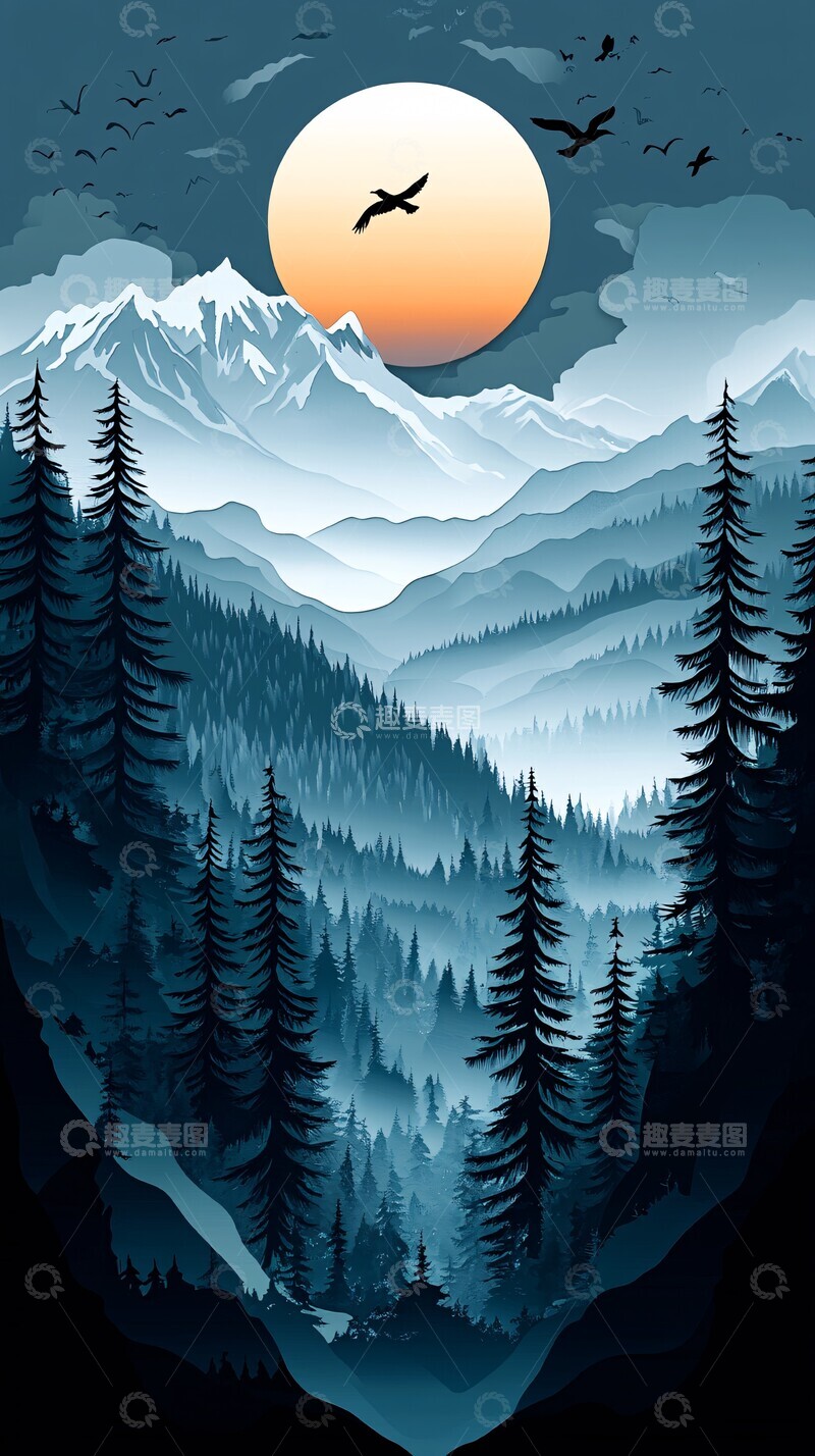 高清大图下载【趣麦麦图】圣诞山景剪纸风1