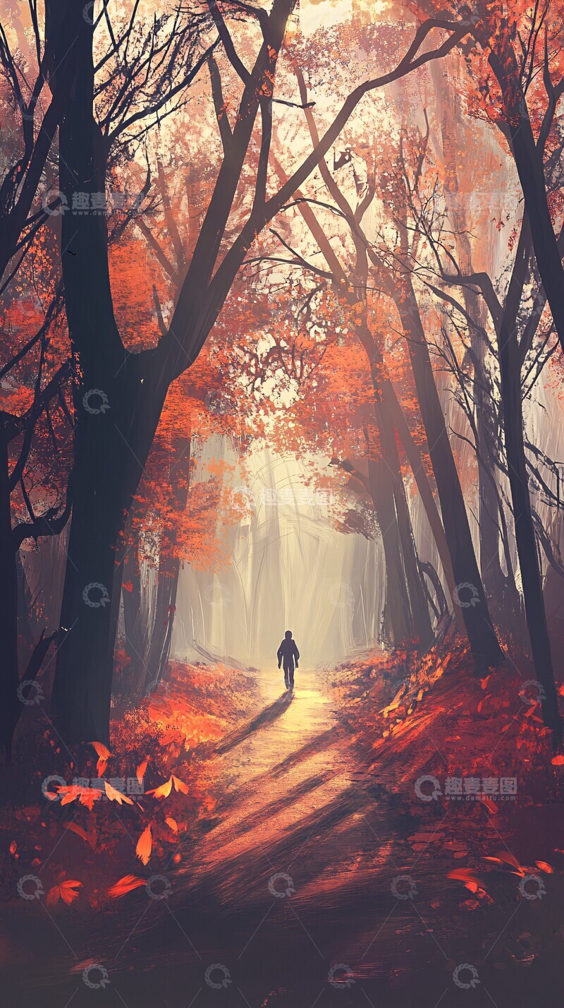 高清大图下载【趣麦麦图】秋林小径独行者1