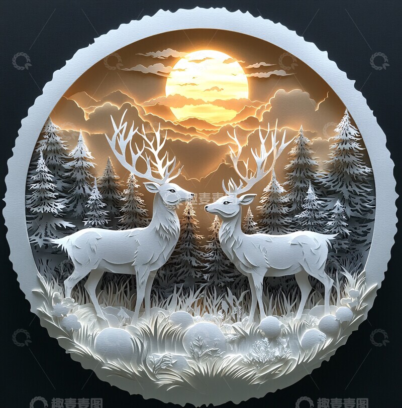 高清大图下载【趣麦麦图】三鹿纸雕森林景