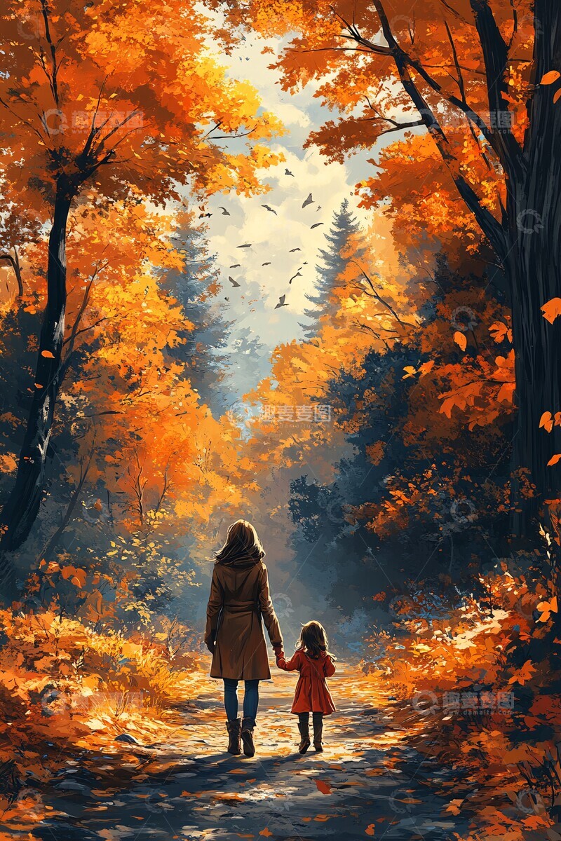高清大图下载【趣麦麦图】森林小径母女行