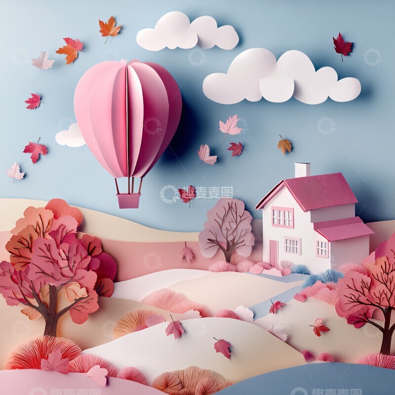 高清大图下载【趣麦麦图】秋叶飘落与热气球
