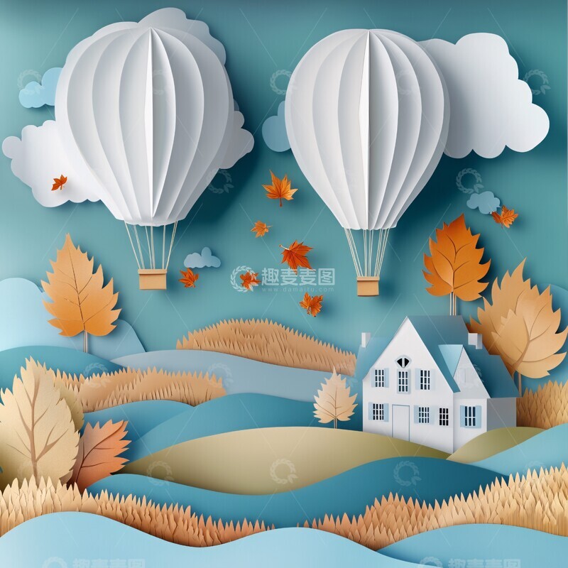高清大图下载【趣麦麦图】秋叶飘落与热气球1