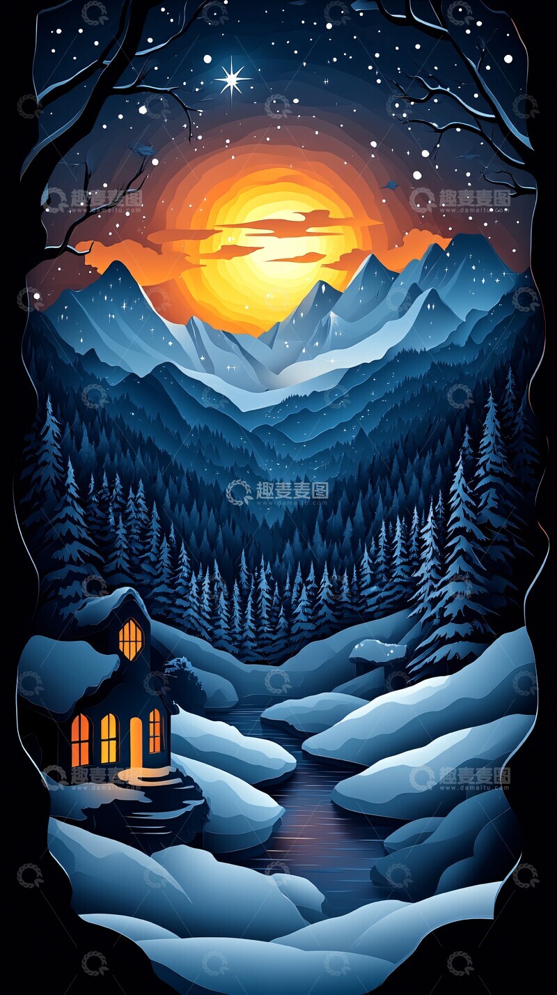高清大图下载【趣麦麦图】圣诞山景剪纸风