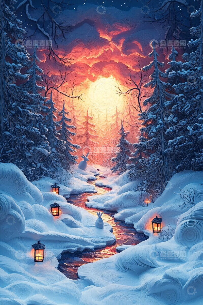 高清大图下载【趣麦麦图】兔子雪景纸艺2