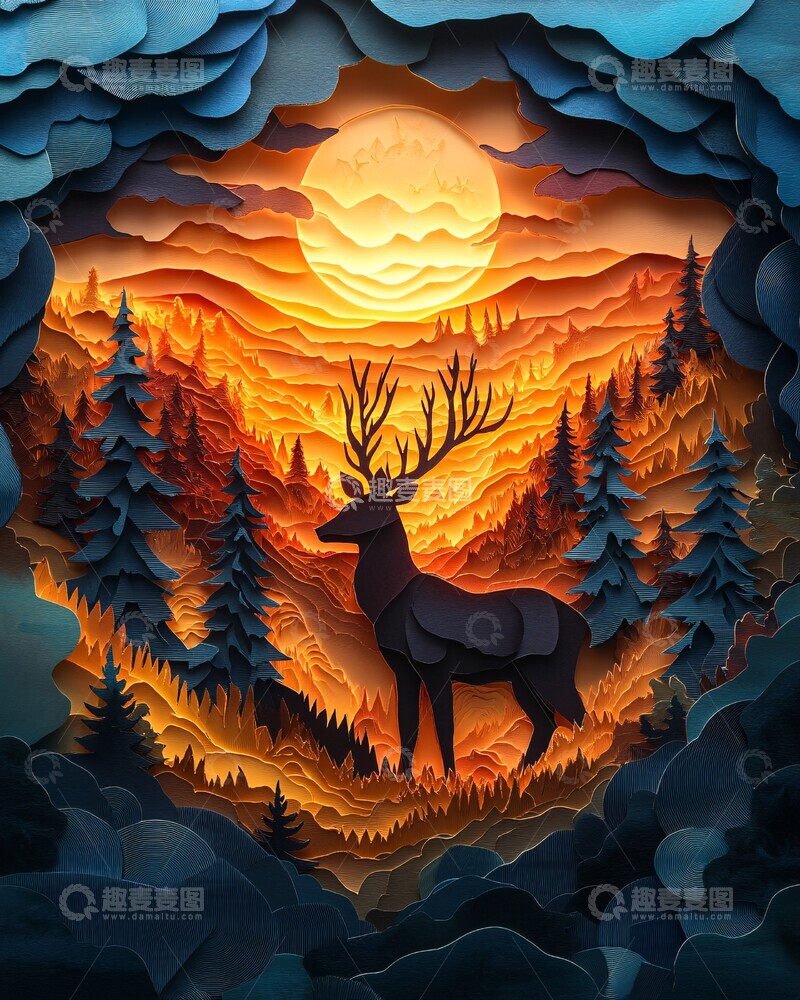 高清大图下载【趣麦麦图】森林中的鹿森林彩色层次1