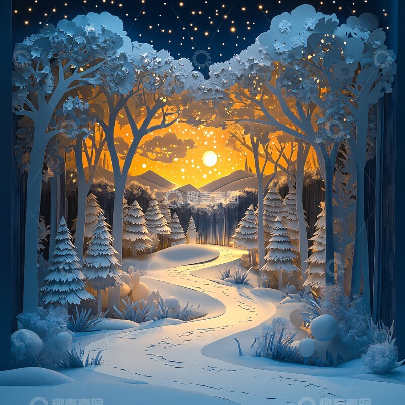 高清大图下载【趣麦麦图】雪夜童话森林