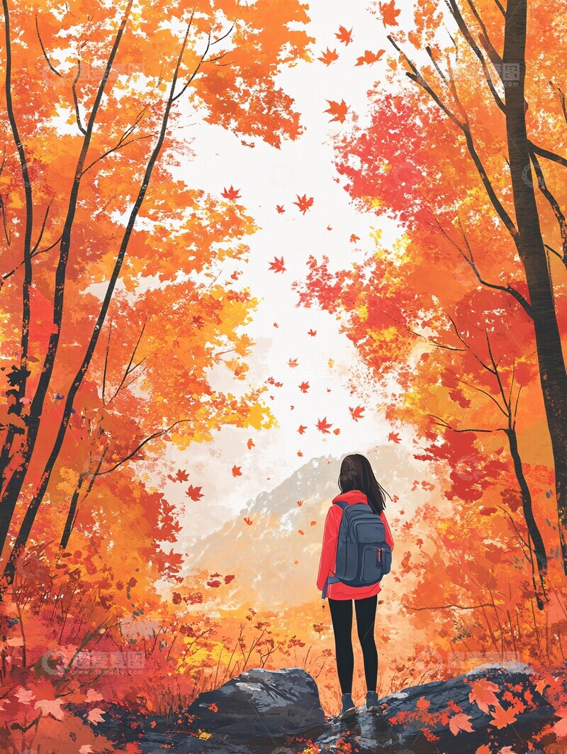 高清大图下载【趣麦麦图】秋山行旅旅行背包女孩