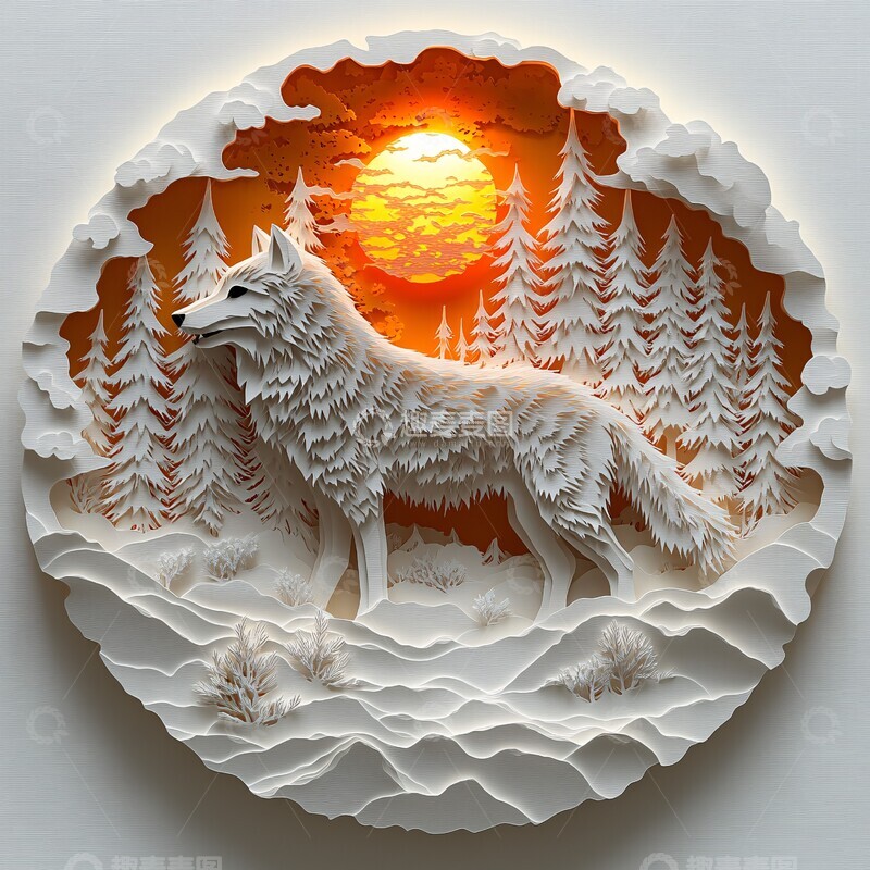 高清大图下载【趣麦麦图】-森林中的狼森林剪纸白色