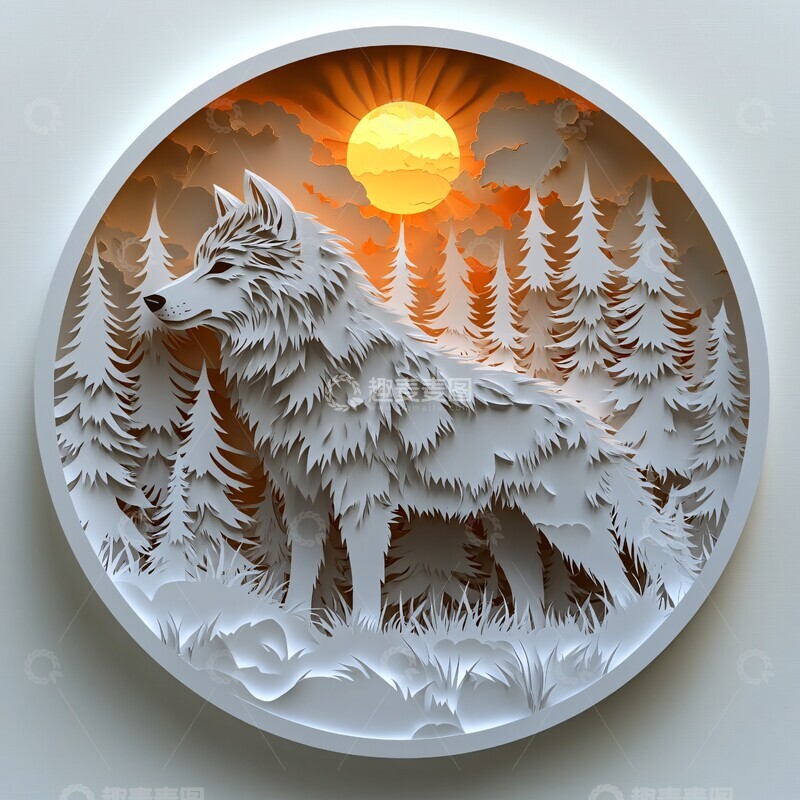 高清大图下载【趣麦麦图】森林中的狼森林剪纸白色2