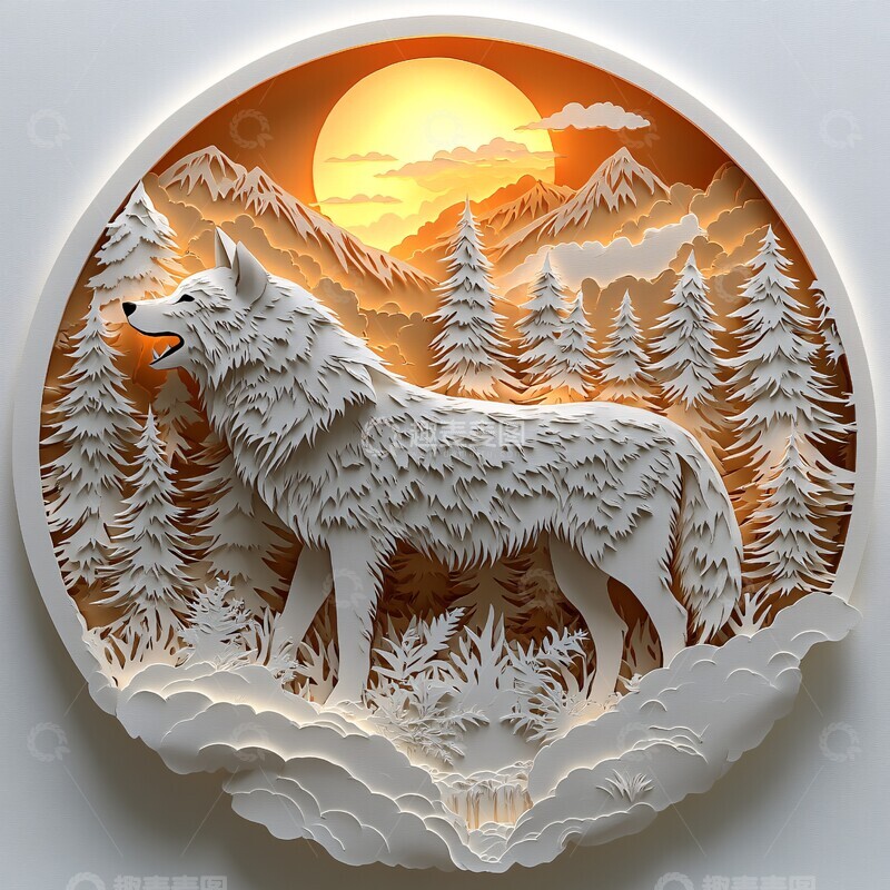 高清大图下载【趣麦麦图】-森林中的狼森林剪纸白色1