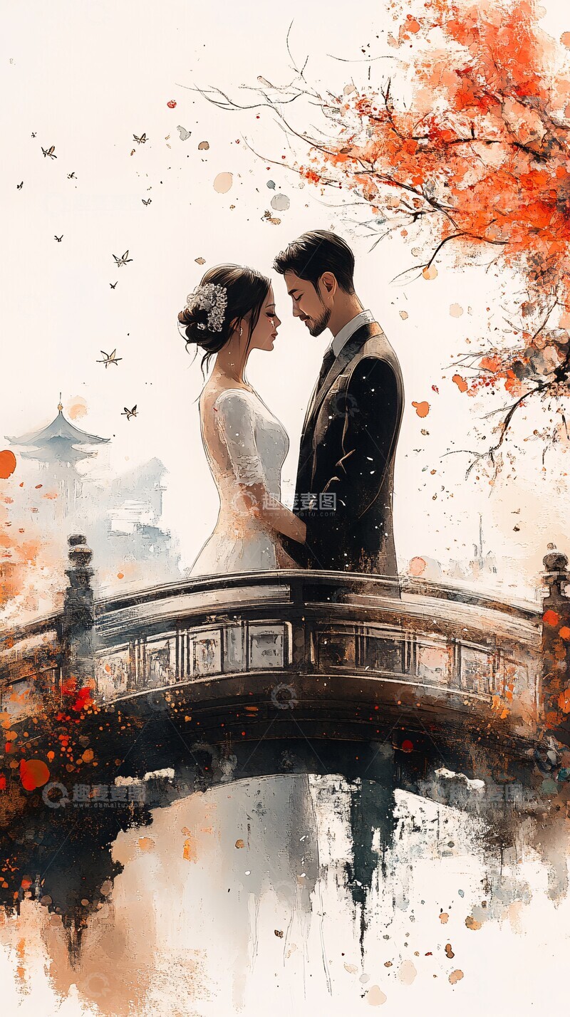 高清大图下载【趣麦麦图】桥上相会现代简约金色1