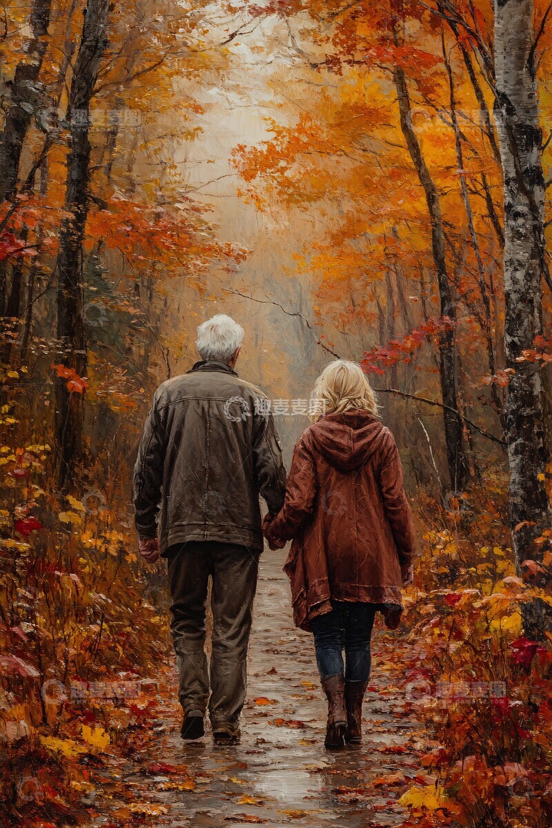 高清大图下载【趣麦麦图】秋叶林中情侣漫步1